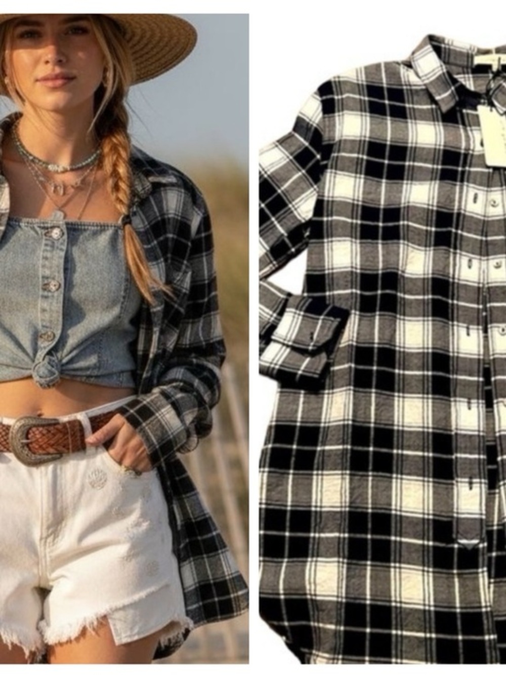 NWT ANTHROPOLOGIE CURRENT AIR Navy & White Plaid Button Up w Embroidered Back XS